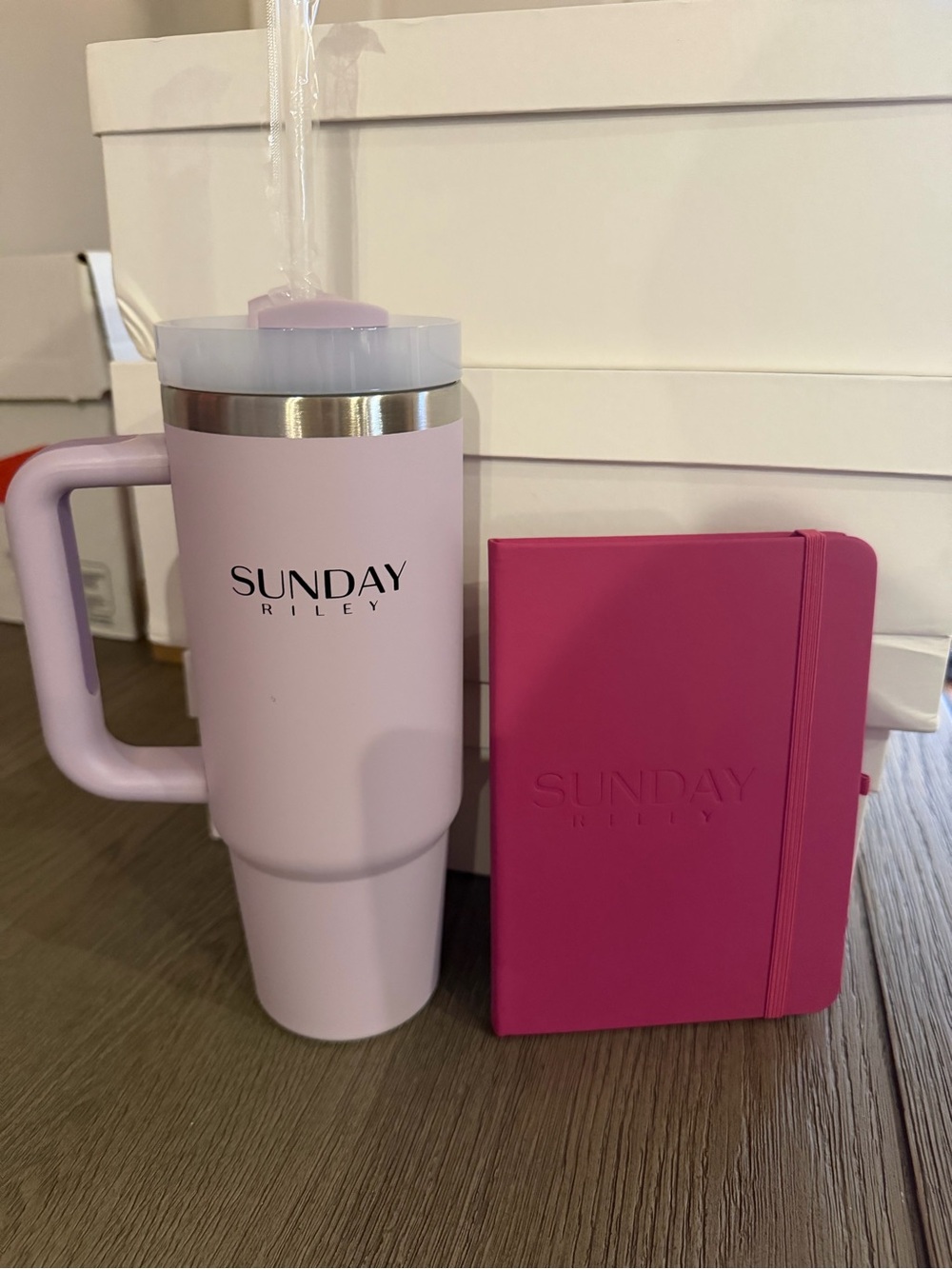 Sunday Riley Blush Pink Travel Mug with Fuchsia Notebook NEW rare